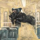Original Art print of the painting titled jump on streetcar III. a jockey and his horse run at speed into a streetcar
