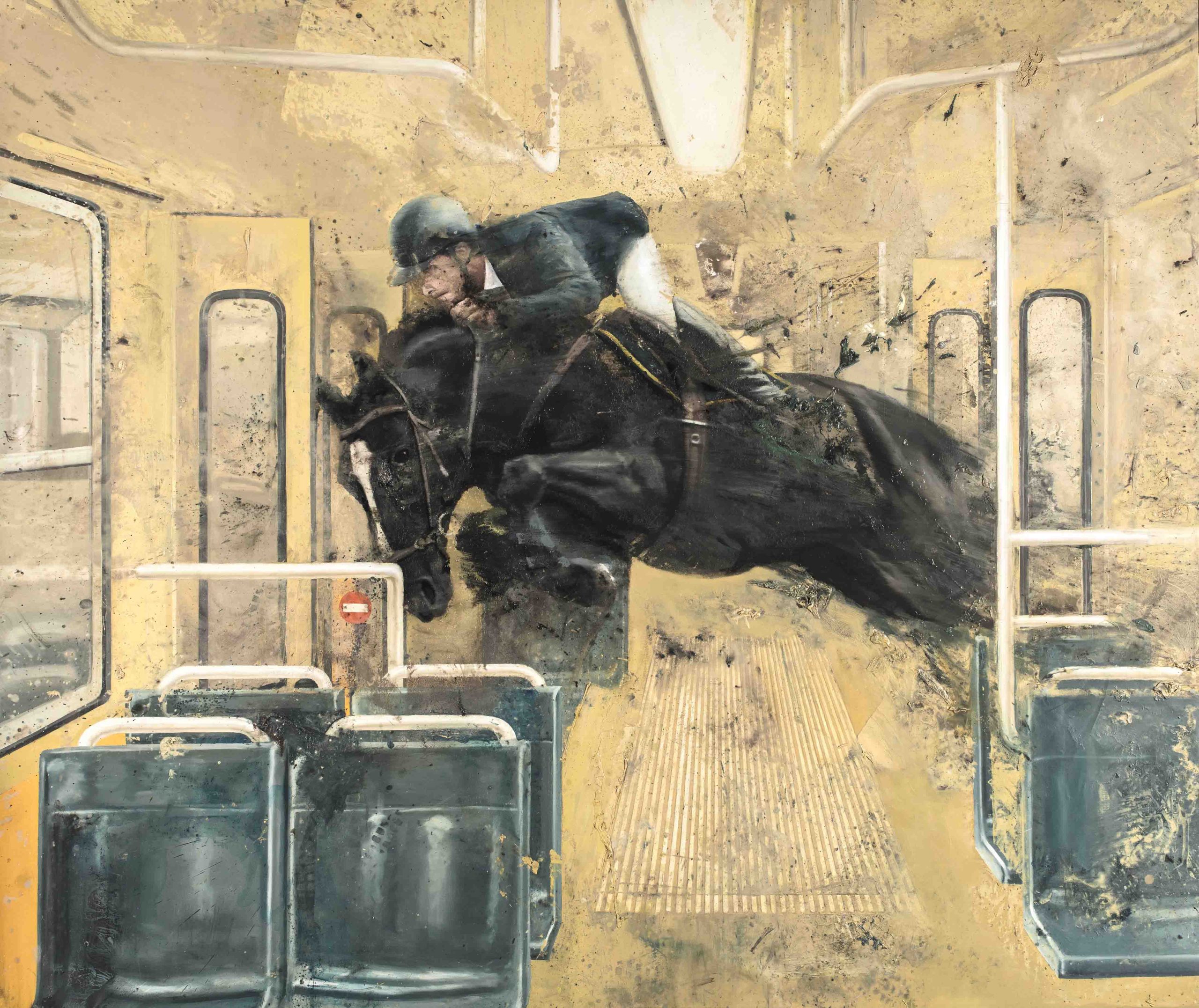 Original Art print of the painting titled jump on streetcar III. a jockey and his horse run at speed into a streetcar