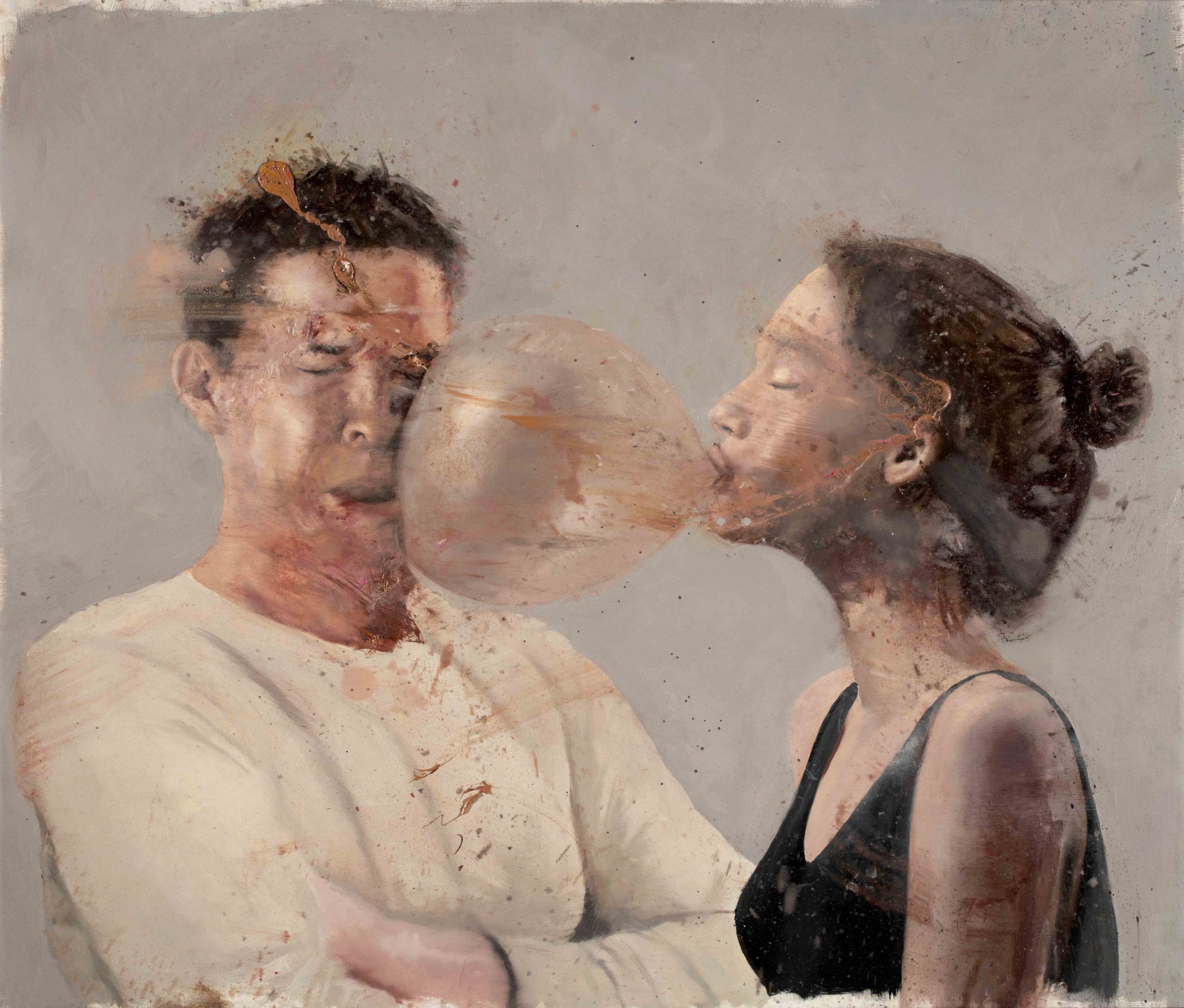 Original art print of the painting titled Bubble I (girl with boxer). A girl creates a large soap bubble that bursts on a boy's face.