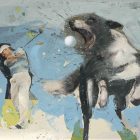 Art Print of the painting titled Golfer with Dog. a golfer throws the ball and a dog jumps to catch it