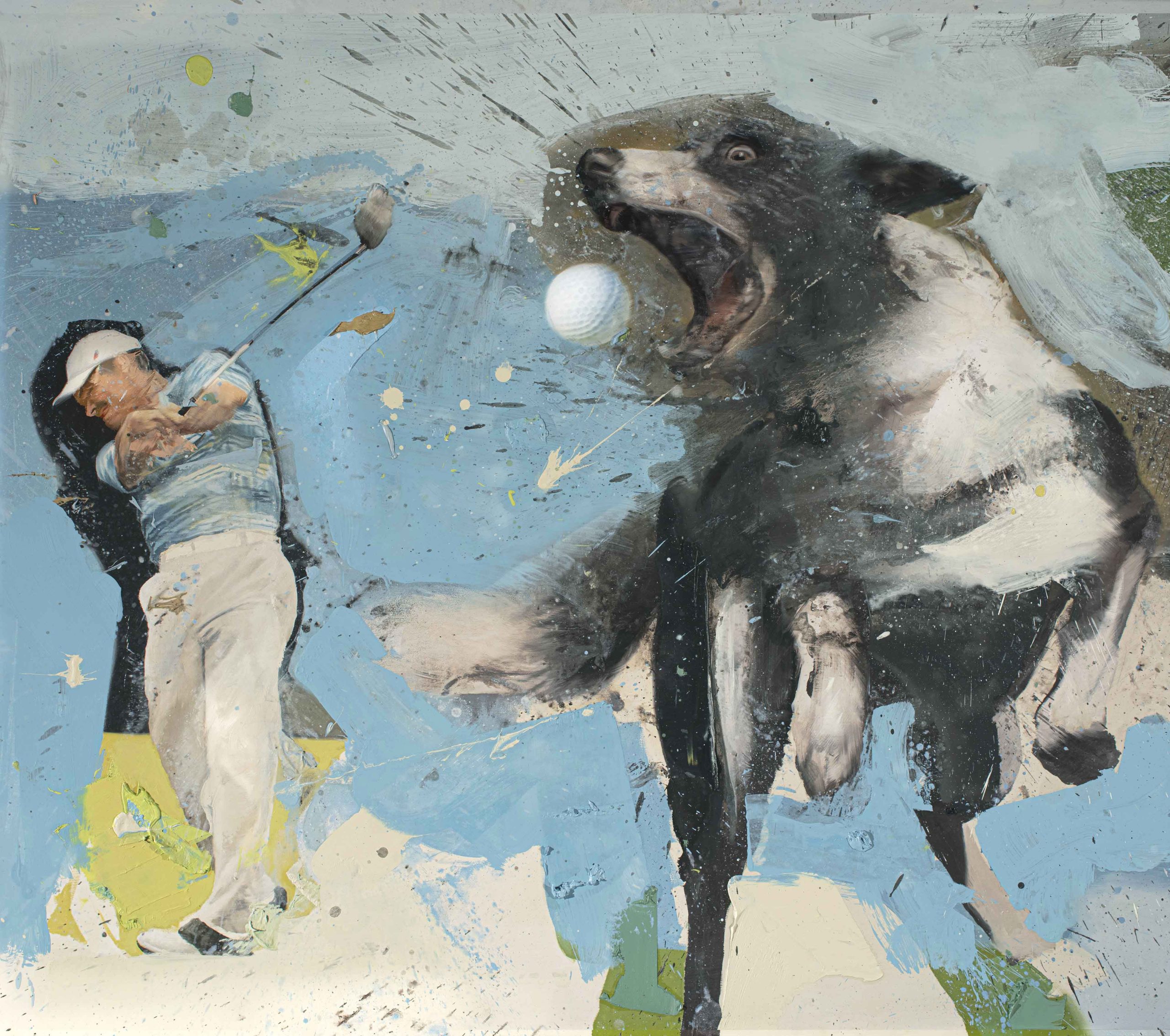 Art Print of the painting titled Golfer with Dog. a golfer throws the ball and a dog jumps to catch it