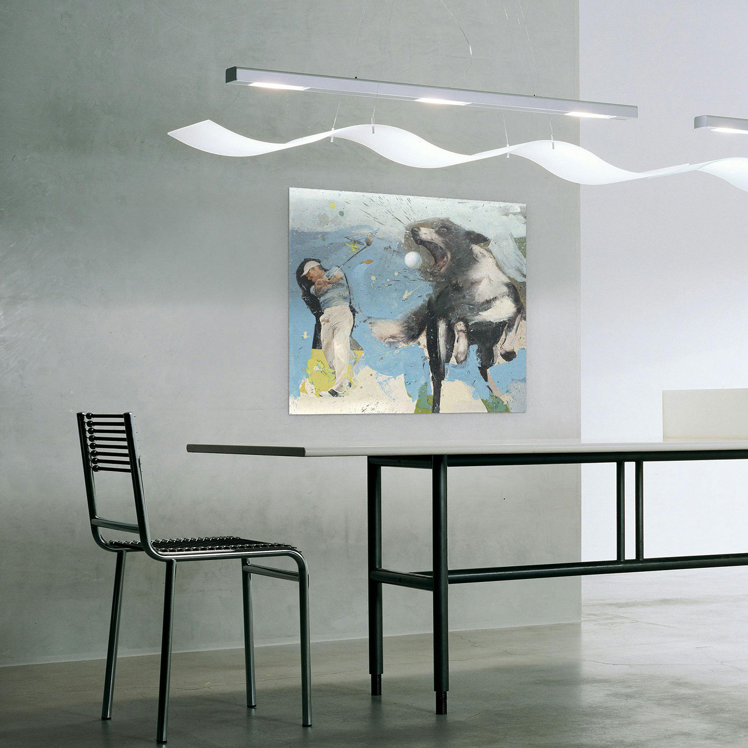 Art Print of the painting titled Golfer with Dog. a golfer throws the ball and a dog jumps to catch it