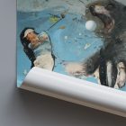 Art Print of the painting titled Golfer with Dog. a golfer throws the ball and a dog jumps to catch it