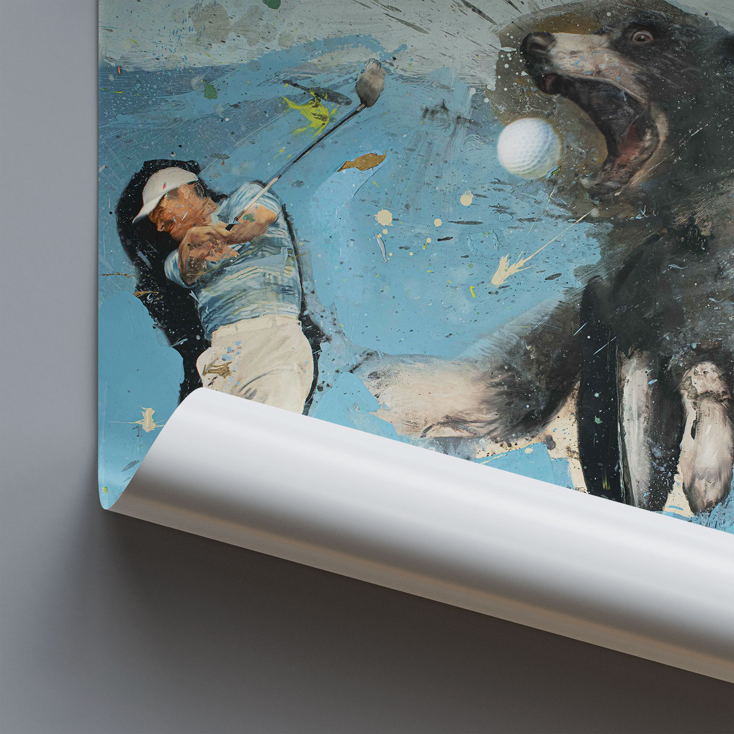 Art Print of the painting titled Golfer with Dog. a golfer throws the ball and a dog jumps to catch it