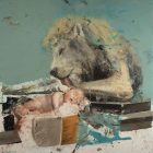 Original art print of the painting titled lion with baby. a baby sleeps and lion stands beside him