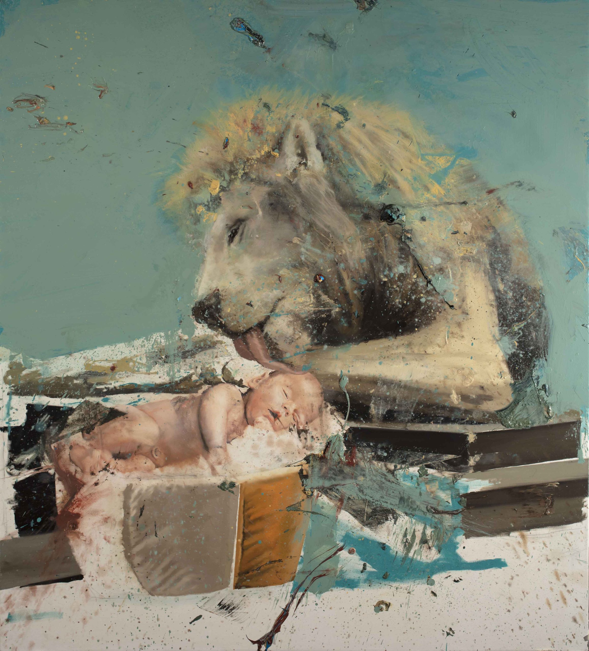 Original art print of the painting titled lion with baby. a baby sleeps and lion stands beside him