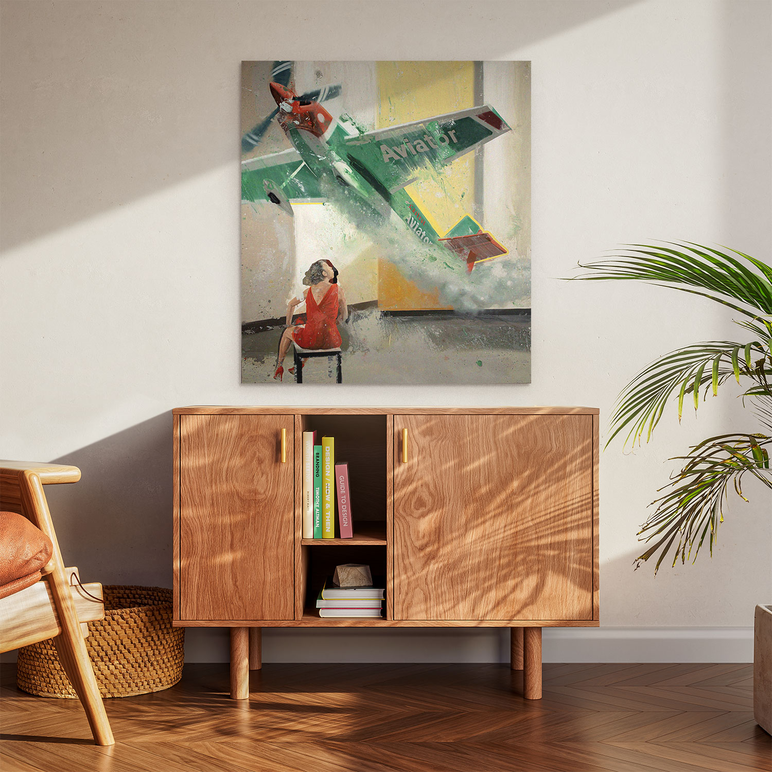 Original art print of the painting titled airplane blow IV. A little girl with a red dress blows on a large green plane flying through the air