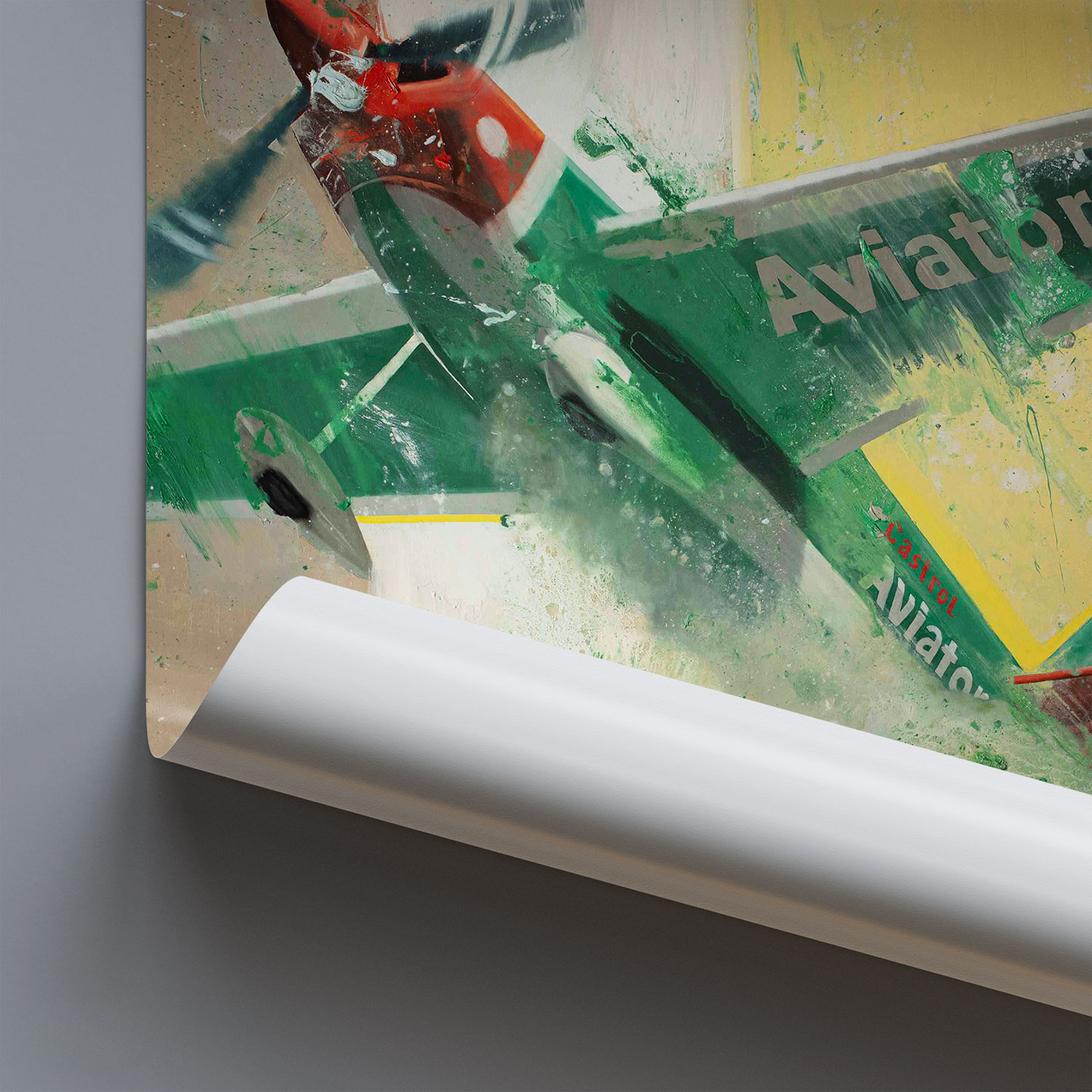 Original art print of the painting titled airplane blow IV. A little girl with a red dress blows on a large green plane flying through the air