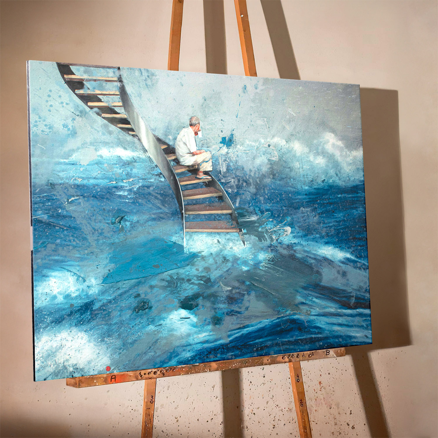 Nicola-Pucci-Uomo-seduto-su-scala-olio-su-tela-108x120cm-2020-Worked-Print