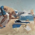Original Art Print of the painting titled departure with cloth. A swimmer swims on the sand and a woman opens a cloth over his head