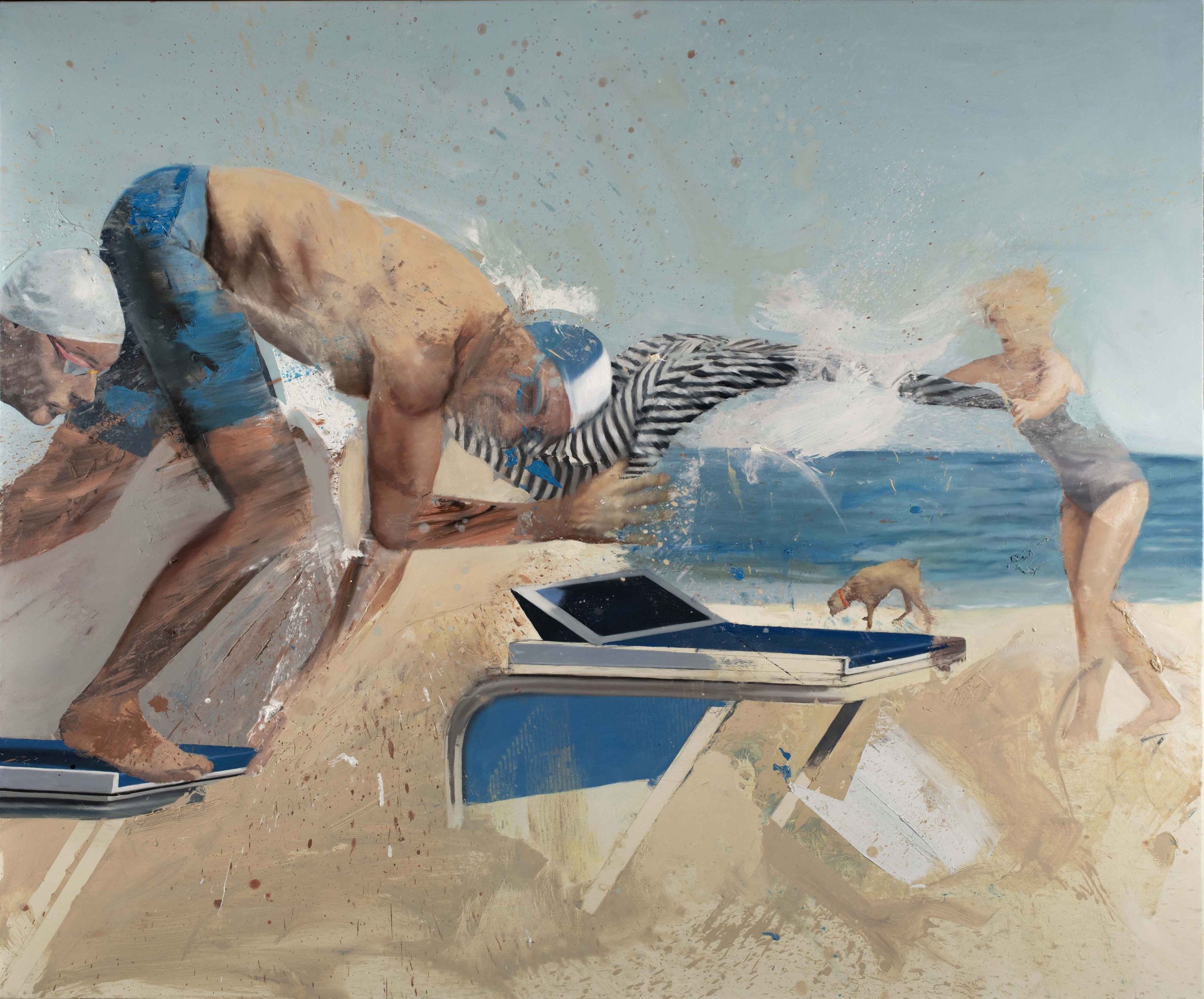 Original Art Print of the painting titled departure with cloth. A swimmer swims on the sand and a woman opens a cloth over his head