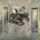 Original Art print of the painting titled jump on streetcar II. a jockey and his horse run at speed into a streetcar