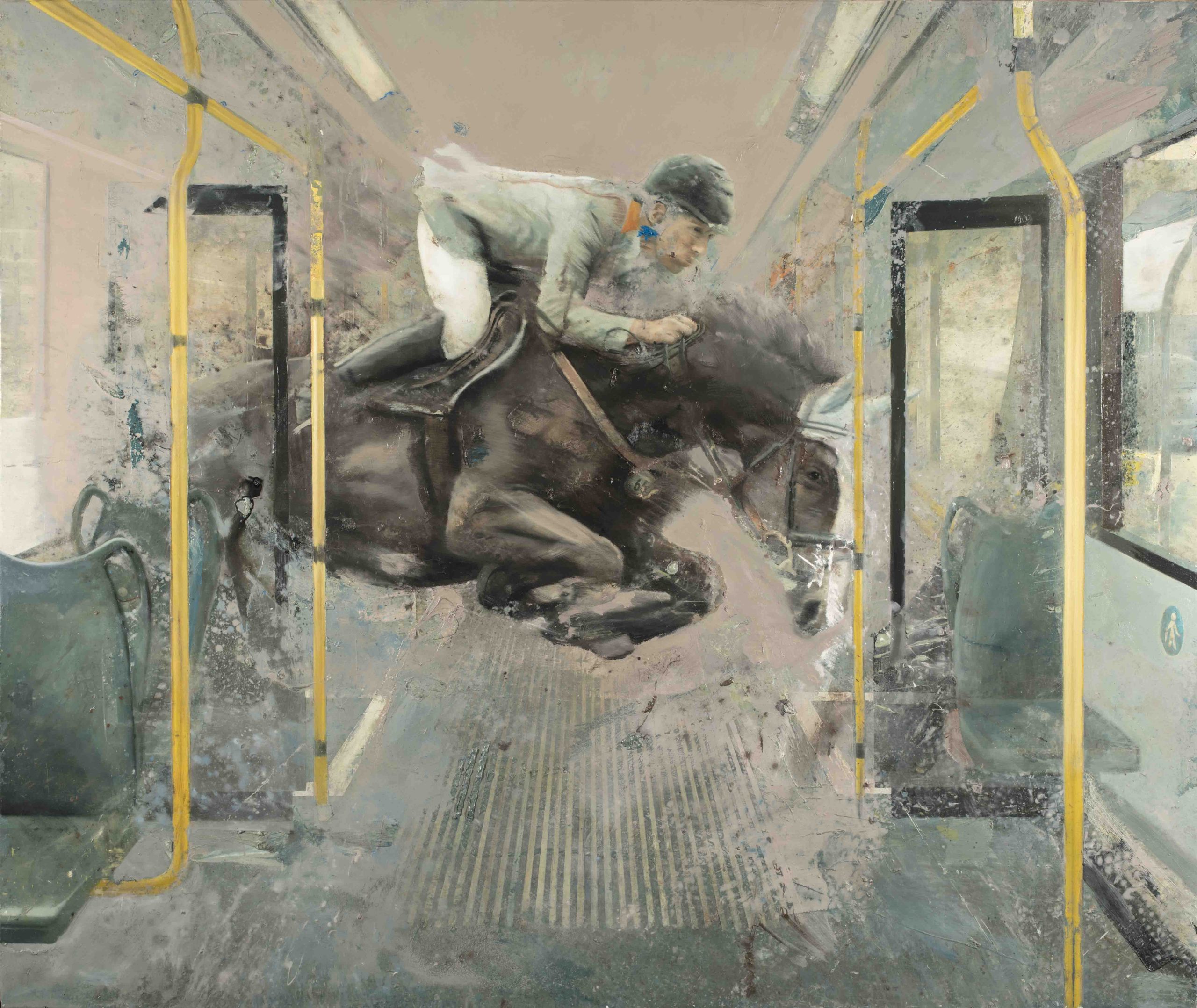 Original Art print of the painting titled jump on streetcar II. a jockey and his horse run at speed into a streetcar