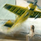 Original art print of the painting titled airplane blow I. a little girl blows on a large green and yellow plane flying through the air