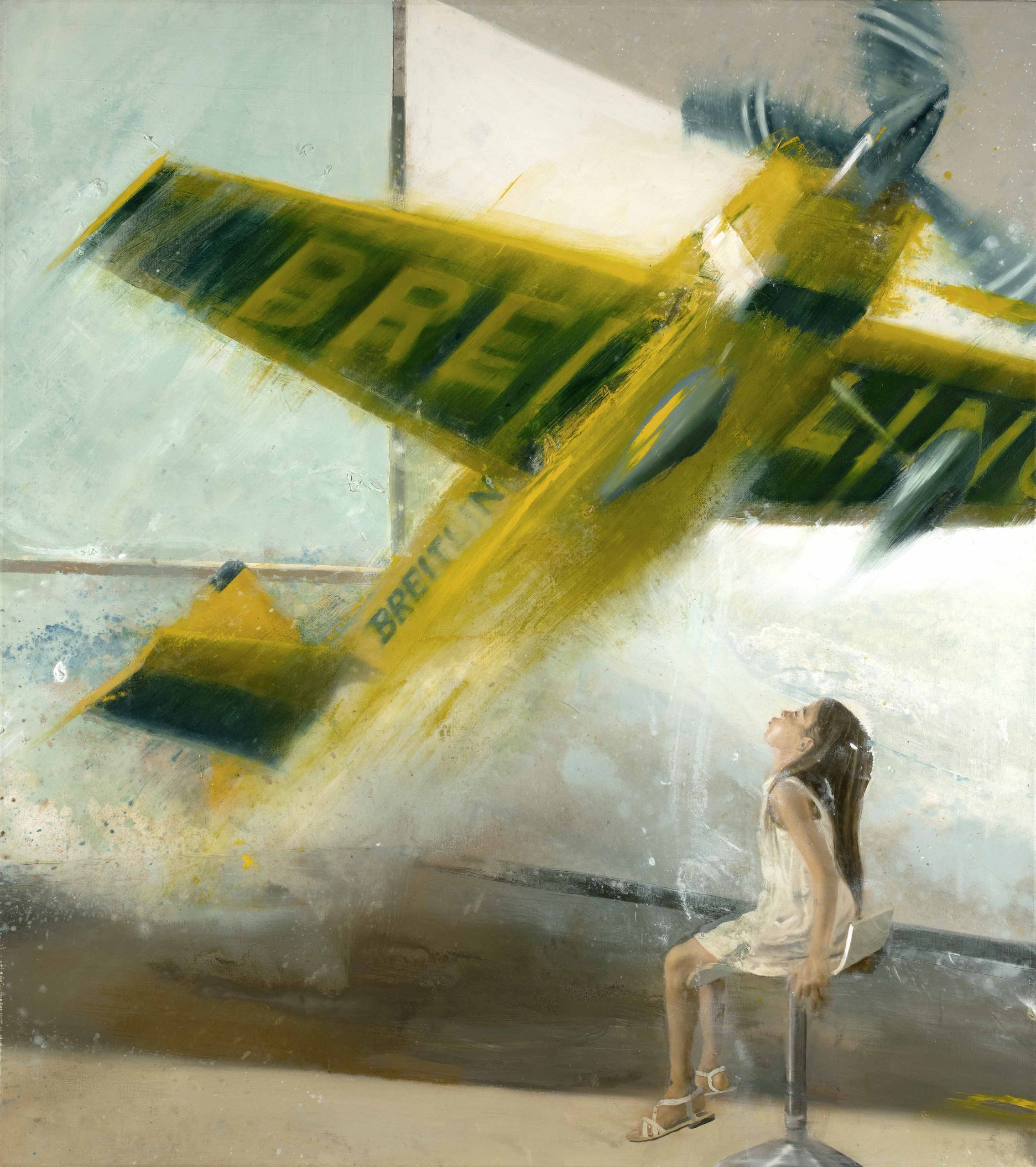 Original art print of the painting titled airplane blow I. a little girl blows on a large green and yellow plane flying through the air