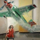 Original art print of the painting titled airplane blow IV. A little girl with a red dress blows on a large green plane flying through the air