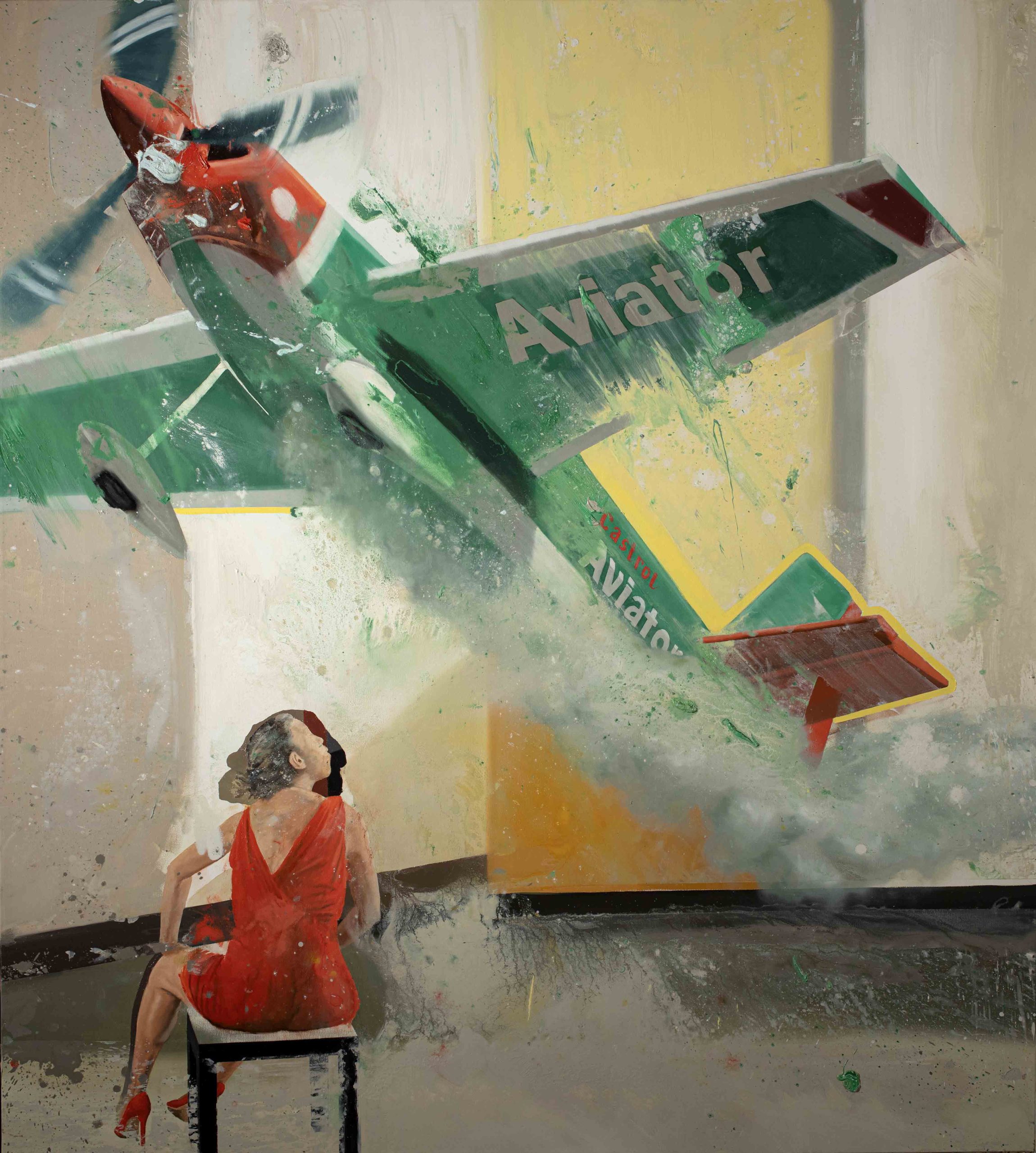 Original art print of the painting titled airplane blow IV. A little girl with a red dress blows on a large green plane flying through the air